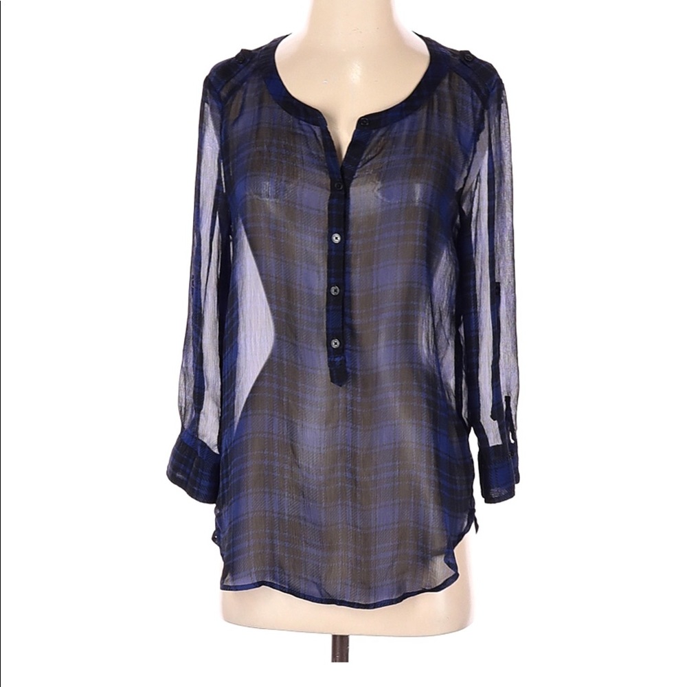 Express 3/4 Sheer Plaid Black/Blue Blouse Size L